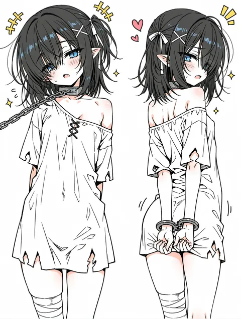 【イラストリクエスト】
---ぼろぼろ服首輪手錠の少女---